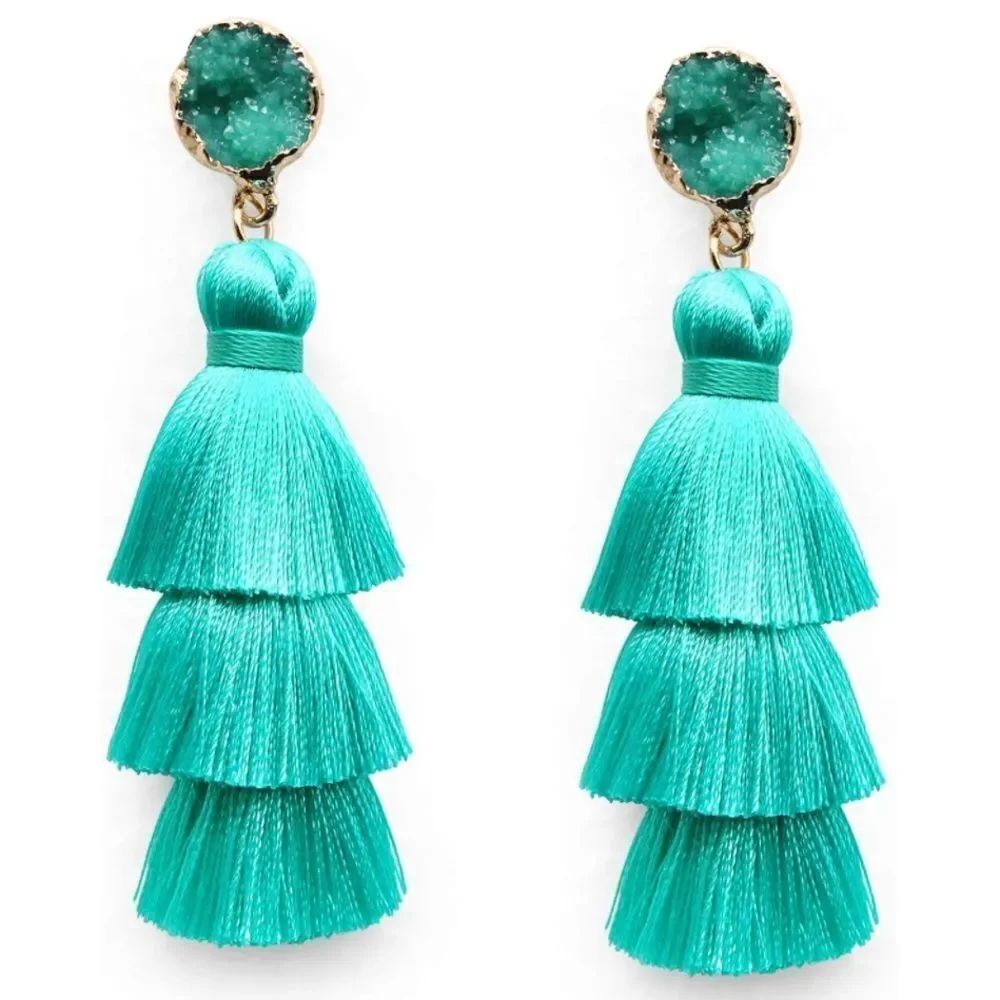 14K Yellow Gold with Turquoise Blue Silk Thread Tassel and Quartz Druzy Earrings